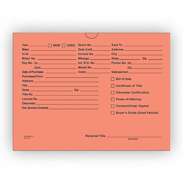 Car Dealer Depot Vhicl Deal Envelopes (Deal Jackets) Printed, 9" X 12", Dsa-546:Salmon Pk 517-100 - main